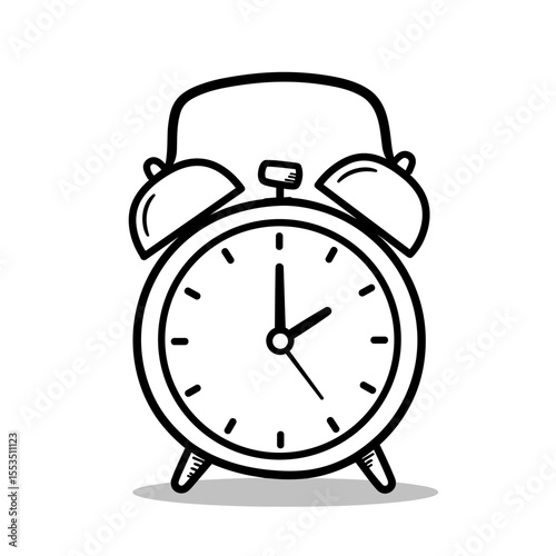 Classic alarm clock illustration in black and white design  