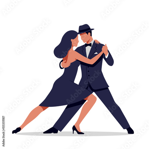 Couple dancing tango in elegant attire on white background  