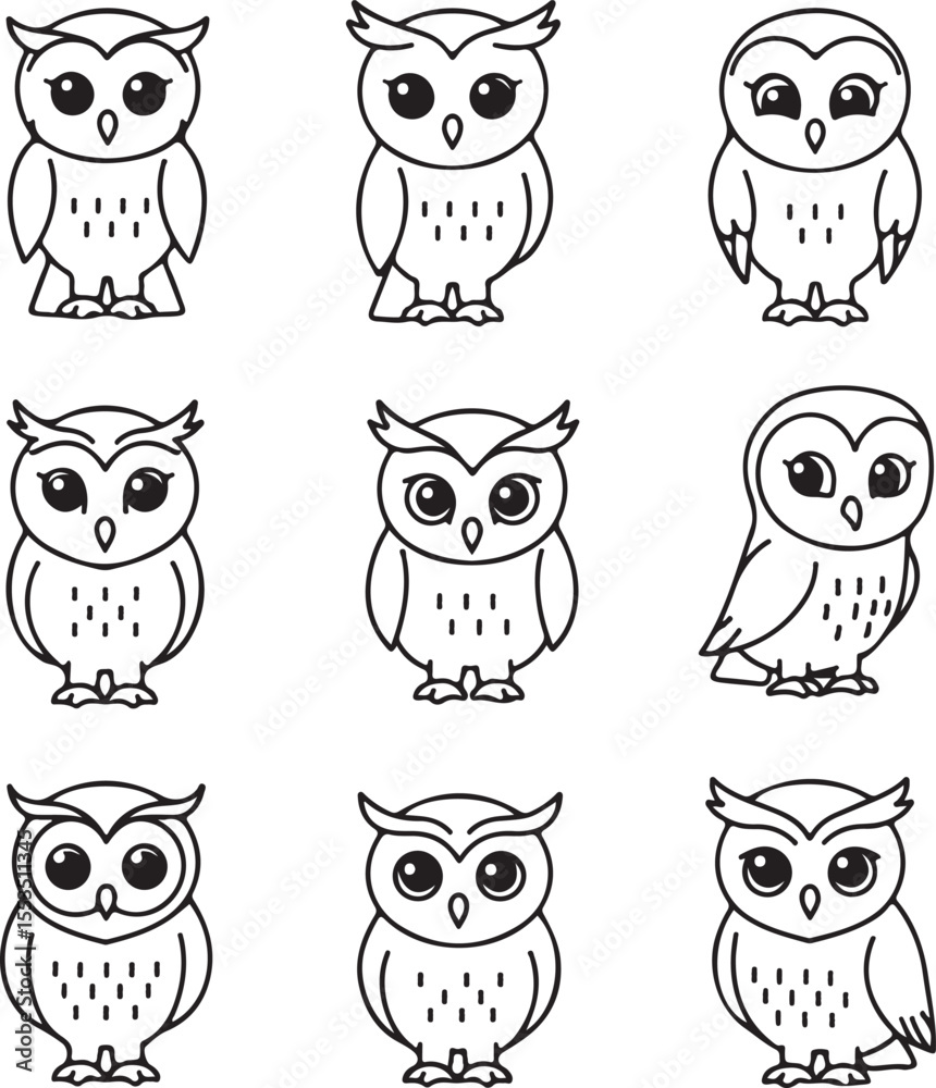 Fototapeta premium Nine Pixel Art Owls: Cute Bird Illustrations, Cartoon Owl Designs, Vector Graphics for Projects