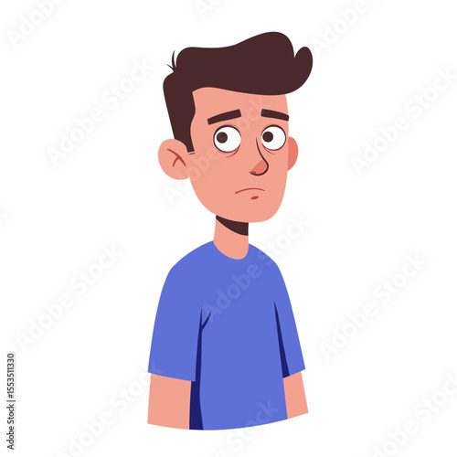 Young man looking worried in blue t-shirt with simple background  
