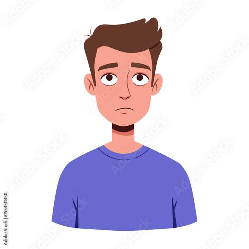 Young man with neutral expression wearing purple shirt  