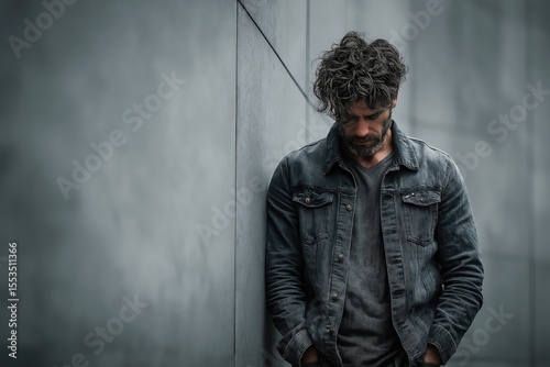 Man stands still, bowed head and regret echoing through silent grey space