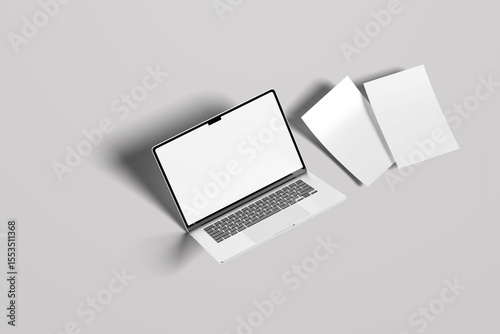 ockup lembar kosong putih berukuran A4 atau dokumen pada latar belakang abu-abu dengan Realistic laptop mockup with blank screen isolated on white background.