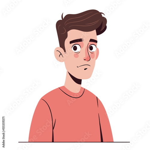 Male character looking concerned with short brown hair and sweater  