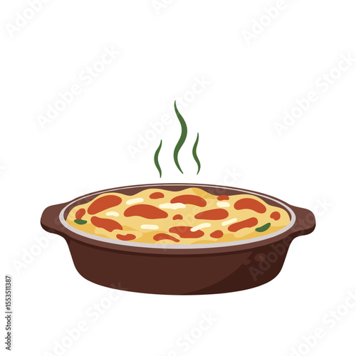 Baked casserole dish with steam and colorful toppings on white background  