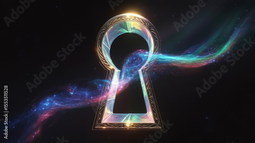 Iridescent keyhole with cosmic nebula flowing through it on a dark space background