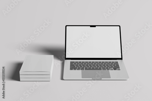 Book cover mockup (top) and closed (bottom), notebook, brochure, magazine, with a realistic laptop mockup with a blank screen isolated on a white background.