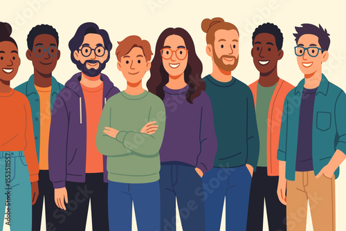 Diverse group of young adults posing together in casual clothing  