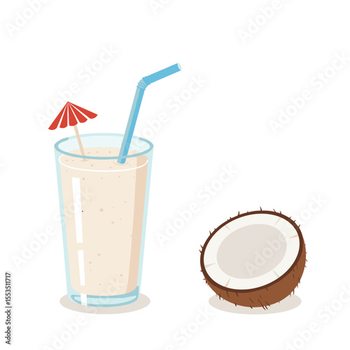 Coconut smoothie in glass with straw and umbrella beside coconut  
