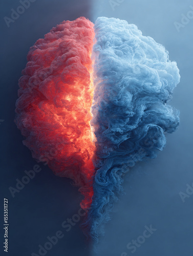 Diverse thoughts and feelings merge in this abstract brain shaped smoke cloud symbolizing communication and balance of opposing forces