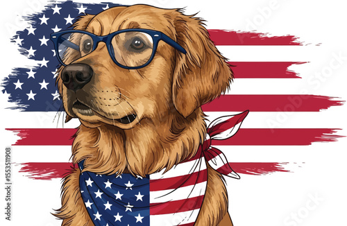 Golden retriever with glasses and american flag bandana patriotic artwork