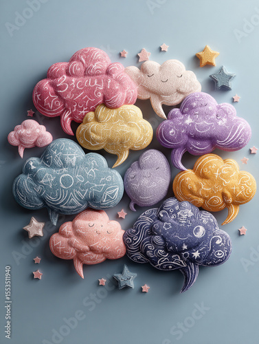 Diverse colorful speech bubbles shaped like clouds express various thoughts and feelings, symbolizing joyful communication and creative ideas