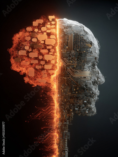 Diverse digital human head with fiery communication symbols and intricate circuits represents complex thoughts and feelings in modern technology