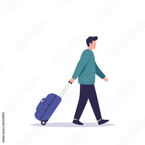 Man walking with suitcase in casual outfit against white background  