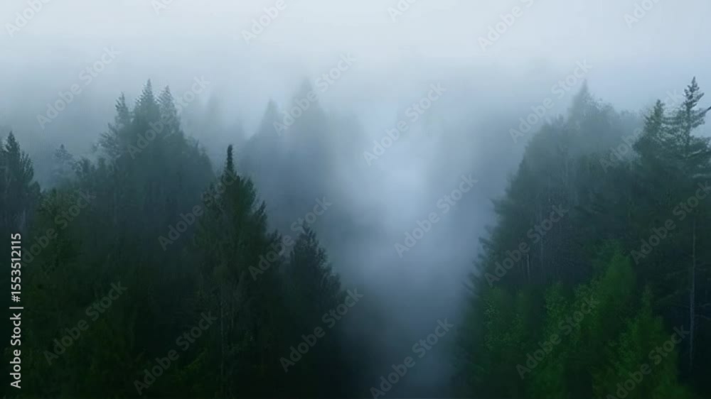 Foggy Forest Trees with Atmospheric Mist and Green Foliage