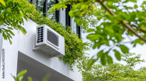 An air conditioning unit is installed on a white building facade surrounded by vibrant green trees and foliage on a sunny day.