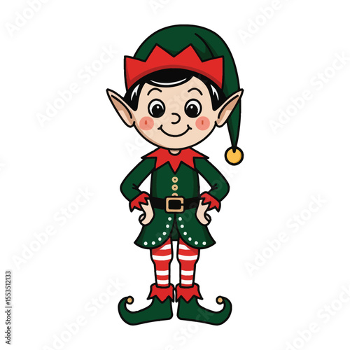 A festive cartoon illustration of a friendly Christmas elf standing with hands on hips and a cheerful smile