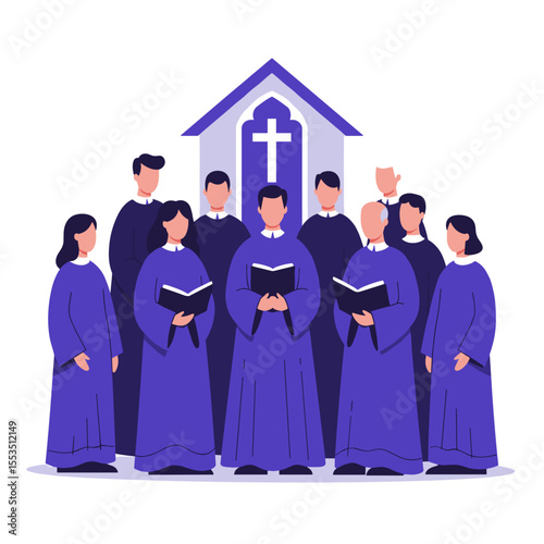 Group of choir singers performing with hymn books in a church  