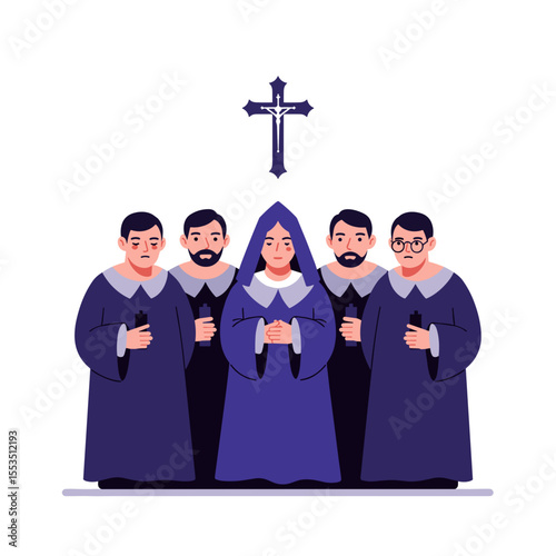 Group of religious figures wearing robes standing together with cross  