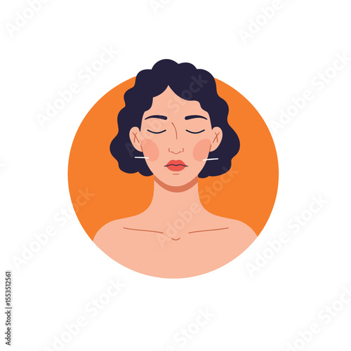 Woman with closed eyes and curly hair in round orange background  