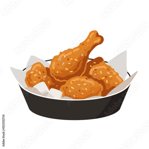 Fried chicken pieces served in a black bowl with paper lining  