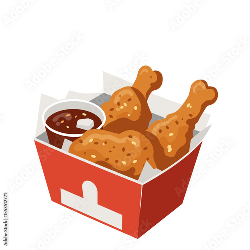 Fried chicken platter with barbecue sauce in takeout box  