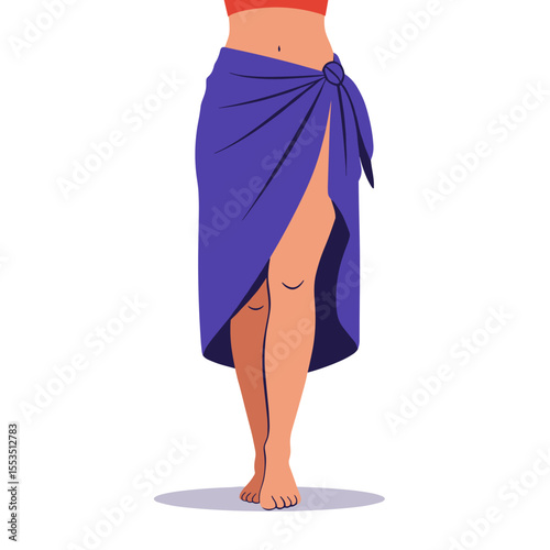 Woman standing barefoot in purple wrap skirt on white background  