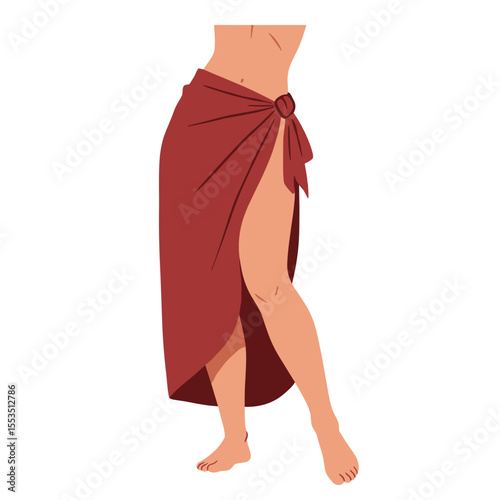 Woman with a red wrap dress standing barefoot in a relaxed pose  