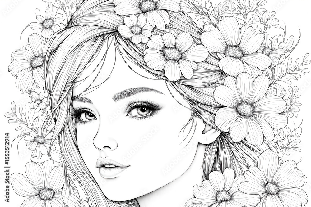 Woman with a flowery headband is the main subject of the image. The flowers are scattered throughout the picture, with some on the woman's headband and others in the background Woman with a flowery headband is the main subject of the image. The flowers are scattered throughout the picture, with some on the woman's headband and others in the background