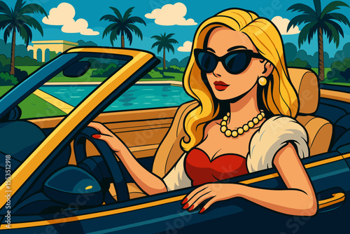 Glamorous woman driving convertible car by luxury poolside  