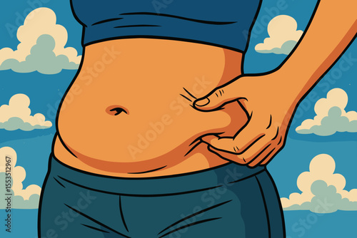 Hand pinching belly fat against blue sky background  