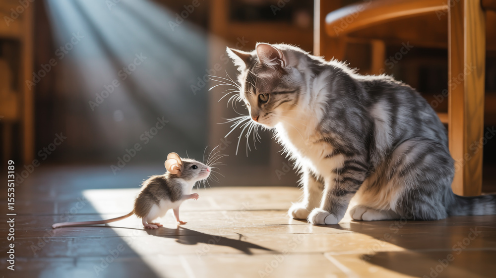 Naklejka premium A heartwarming photograph of a gray and white cat and a small mouse in a sunlit wooden interior setting.