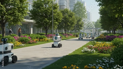 Multiple small white robots moving on urban pathway futuristic urban environment