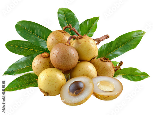 Several fresh longan fruits with vibrant green leaves, showing both whole and sliced fruits exposing their flesh, isolated on transparent background