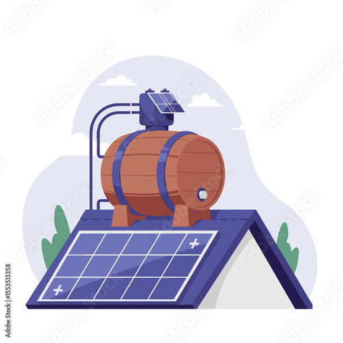 Solar water heating system on house roof illustration