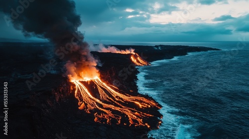 Volcanic Eruption: Lava & Smoke at Sea, Drone

Dramatic drone view of a volcanic island with multiple lava flows and smoke entering the ocean at dusk.