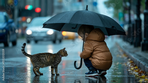 A moody street scene in the rain with a young child in a brown puffy winter coat kneeling on a wet sidewalk, holding a large black umbrella.