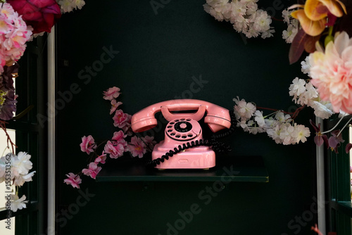 Vintage rotary telephone. Pink plastic body. Floral decoration background. Dark shelf surface.

