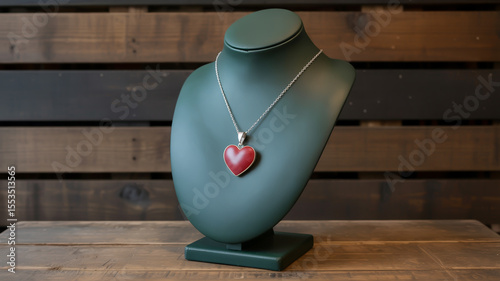 A product photography shot of a dark green jewelry display bust against a rustic wooden background.