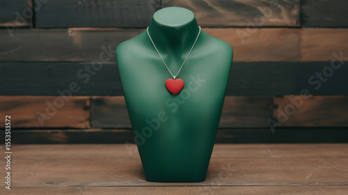 A product photography shot of a dark green jewelry display bust against a rustic wooden background.