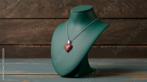 A product photography shot of a dark green jewelry display bust against a rustic wooden background.