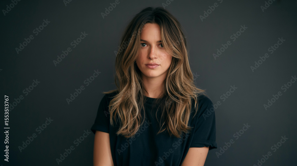 A professional portrait photograph against a dark gray background A professional portrait photograph against a dark gray background