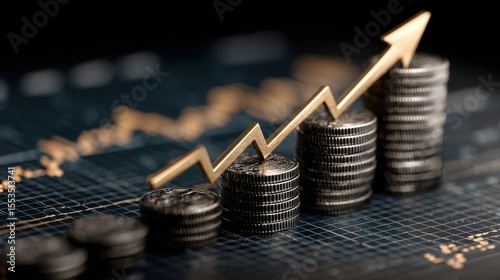 Financial growth and investment success represented by coins and an upward arrow