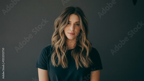 A professional portrait photograph against a dark gray background