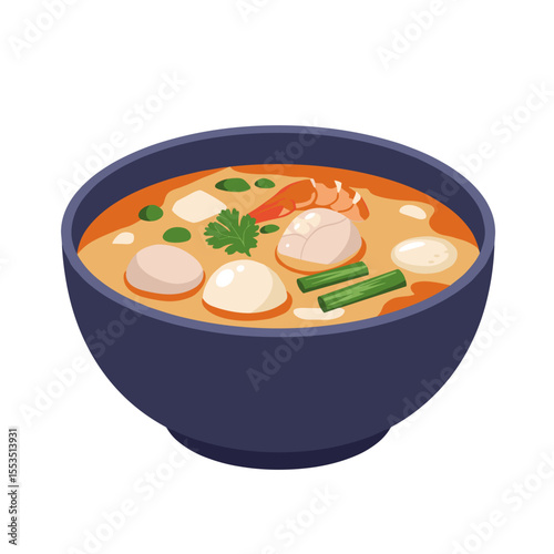 Illustrated bowl of soup with shrimp and vegetables in a dark bowl  