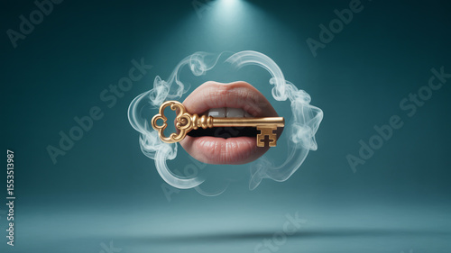 A surreal artistic photograph of a golden key emerging from a pair of parted lips against a deep teal blue background