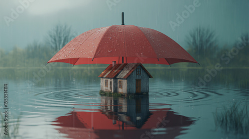 A surreal photograph of a small wooden house partially submerged in a reflective puddle during rainfall