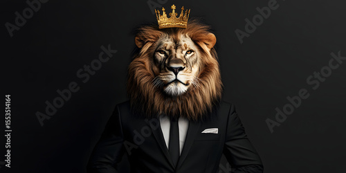 Lion Head in a Black Suit and Golden Crown