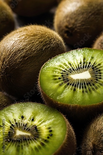 Ultra high resolution 8K image of a single perfectly ripe kiwi fruit with fuzzy brown skin and vibrant green cross-section, positioned clearly in the foreground. The background features a group of hea