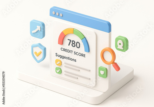 Credit score gauge showing high score of 780 with suggestions, surrounded by icons of security shield, magnifying glass, and user profile in clean 3D interface design